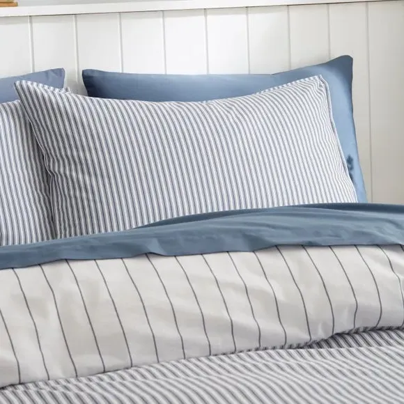 Ticking Stripe Duvet Cover Set - Blue, Cotton
