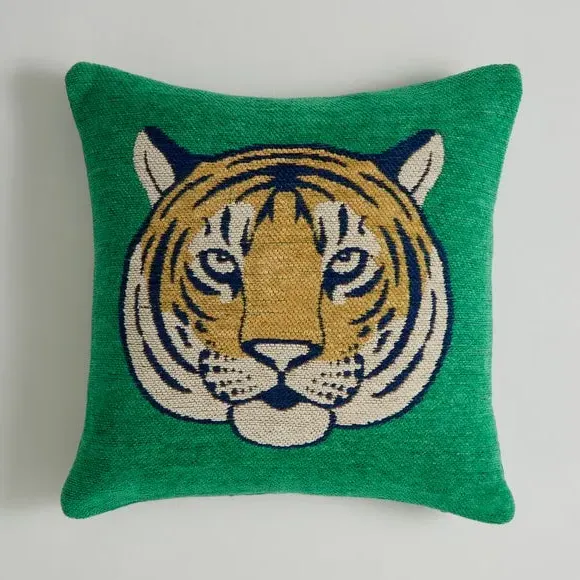 Tiger Cushion with Zip - Green, Chenille
