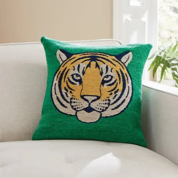 Tiger Cushion with Zip - Green, Chenille