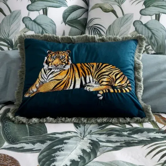 Tiger Embroidered Cushion - Green, Velvet image