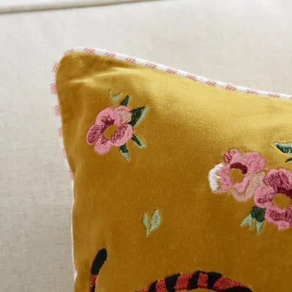 Tiger Embroidered Cushion - Ochre, Cotton Velvet
