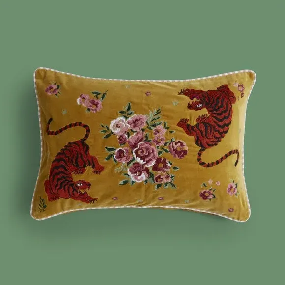 Tiger Embroidered Cushion - Ochre, Cotton Velvet