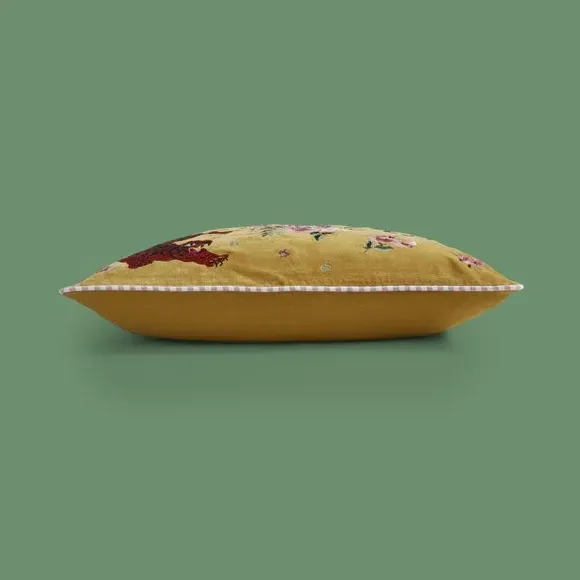 Tiger Embroidered Cushion - Ochre, Cotton Velvet