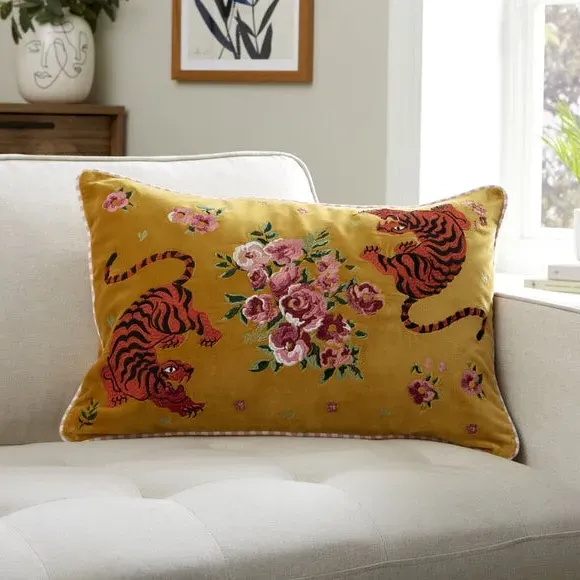 Tiger Embroidered Cushion - Ochre, Cotton Velvet image