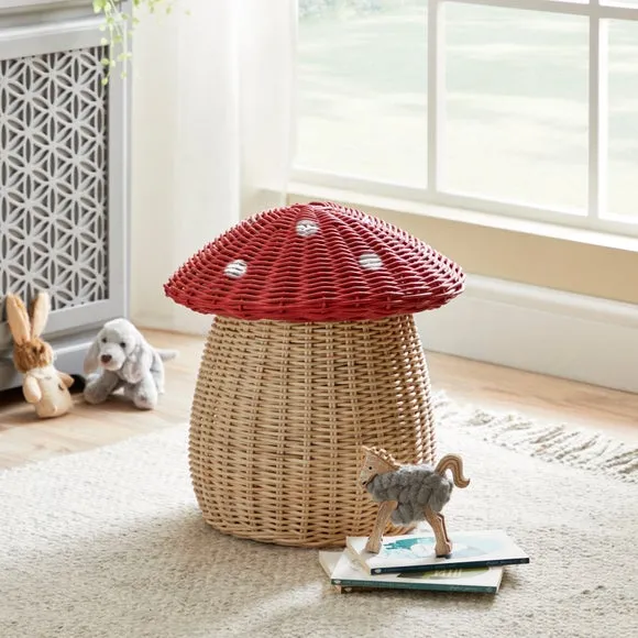 Toadstool Storage Basket with Lid - Red, Rattan