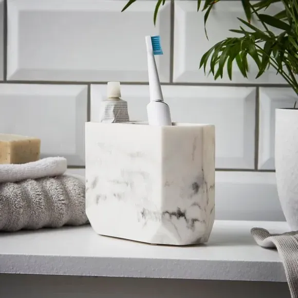 Toothbrush Holder - White, Marble Resin image