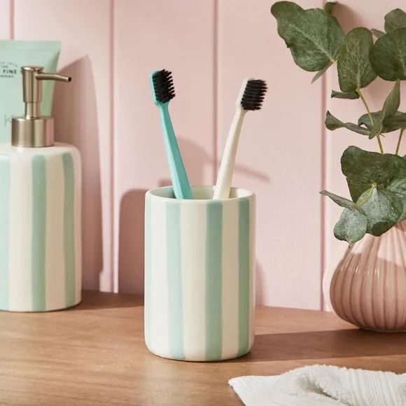 Toothbrush Holder with Stripes - Green, Ceramic image