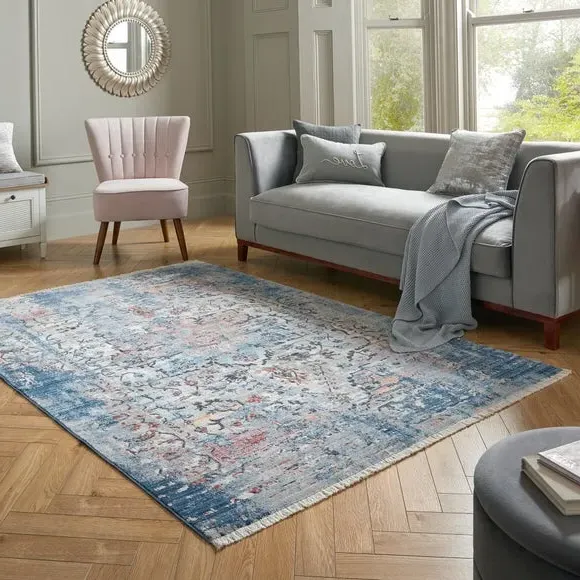 Traditional Rug with Distressed Pattern - Blue