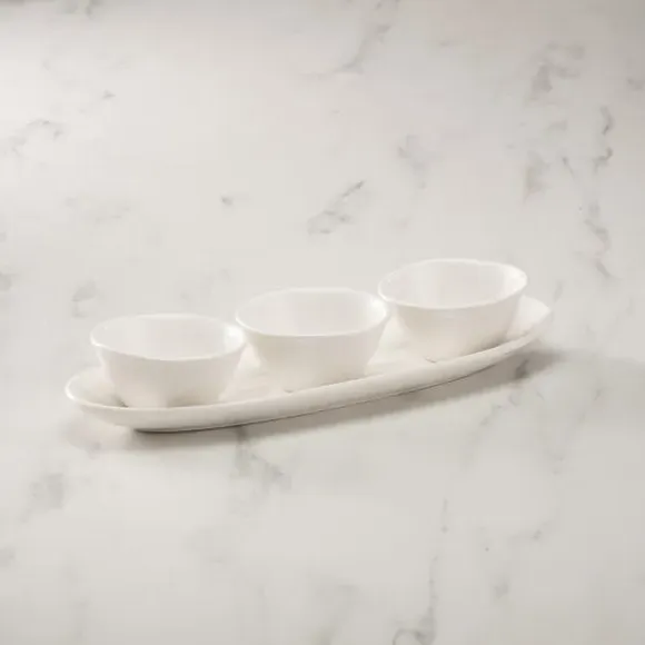 Tray and Dip Bowls Set - White, Bone China