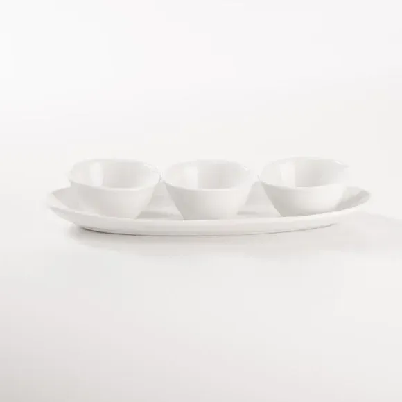 Tray and Dip Bowls Set - White, Bone China
