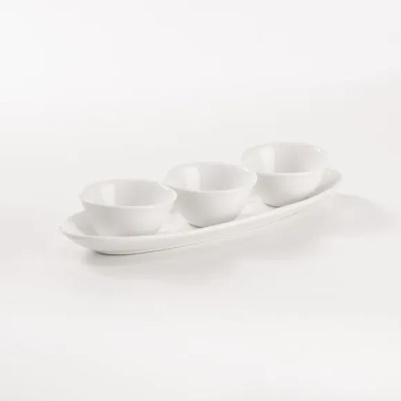 Tray and Dip Bowls Set - White, Bone China