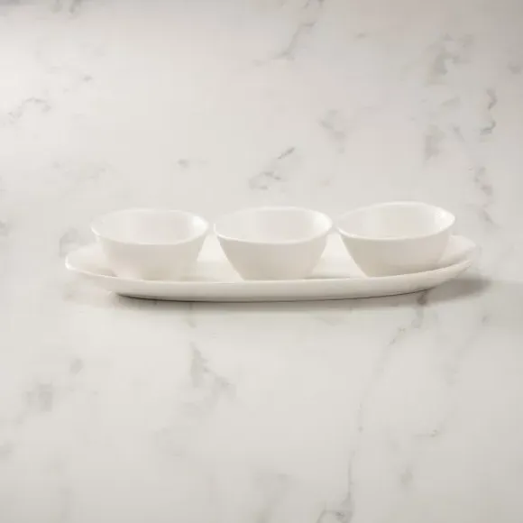 Tray and Dip Bowls Set - White, Bone China