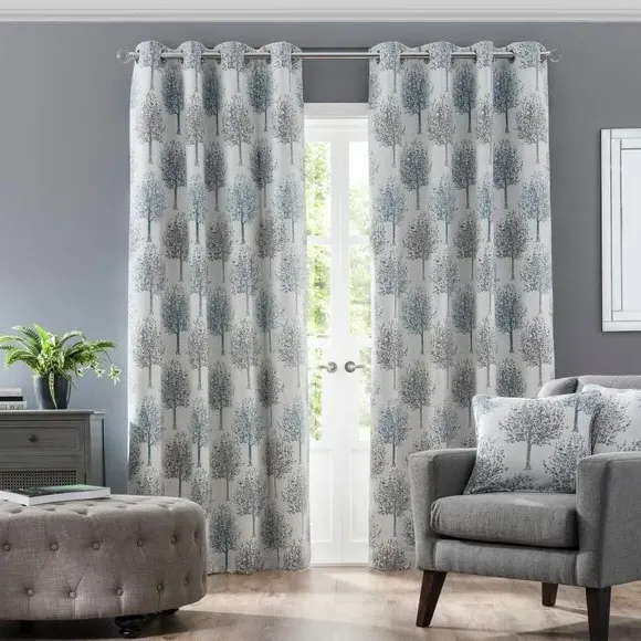 Tree Pattern Eyelet Curtains - Teal, Jacquard