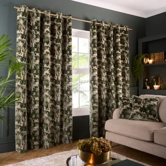 Tree Print Eyelet Curtains - Green, Velvet