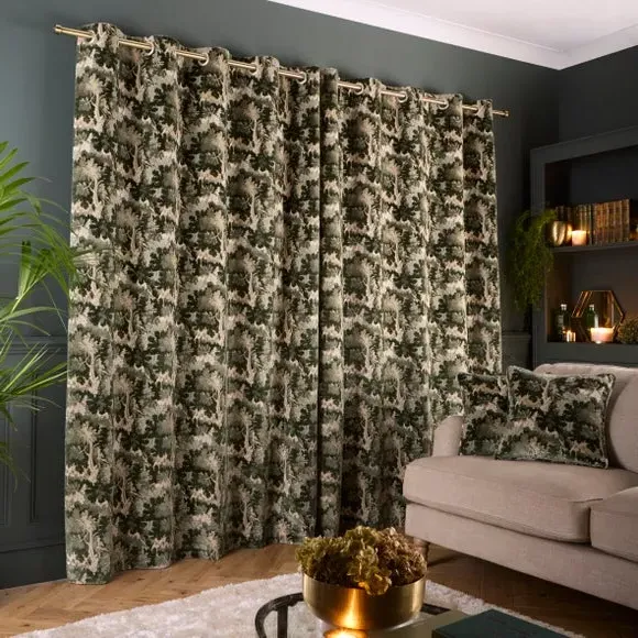 Tree Print Eyelet Curtains - Green, Velvet