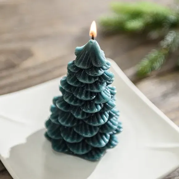 Tree Shaped Pillar Candle - Green, Wax