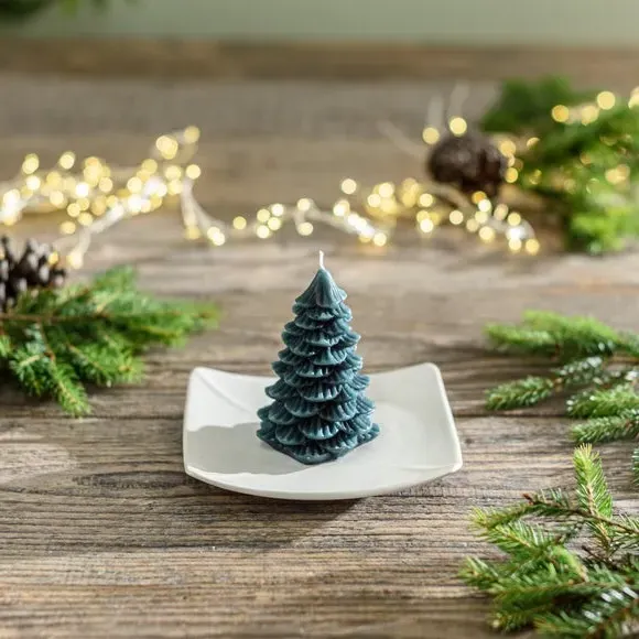 Tree Shaped Pillar Candle - Green, Wax