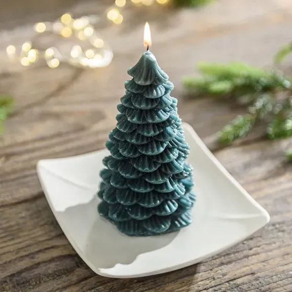 Tree Shaped Pillar Candle - Green, Wax