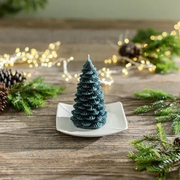 Tree Shaped Pillar Candle - Green, Wax