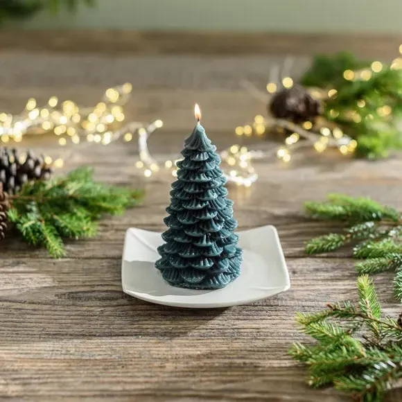 Tree Shaped Pillar Candle - Green, Wax