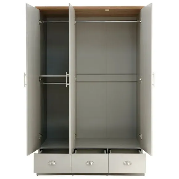 Triple Wardrobe with Drawers - Grey, Oak Effect