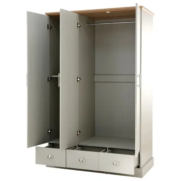 Triple Wardrobe with Drawers - Grey, Oak Effect