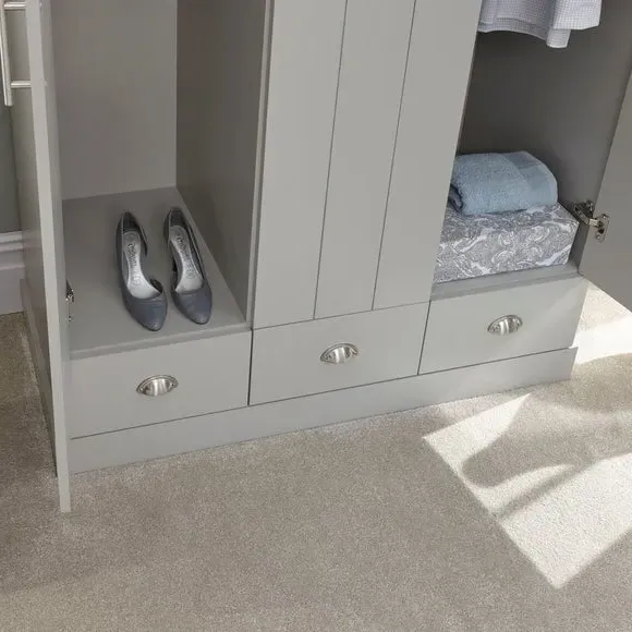 Triple Wardrobe with Drawers - Grey, Oak Effect