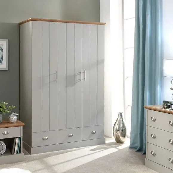 Triple Wardrobe with Drawers - Grey, Oak Effect image