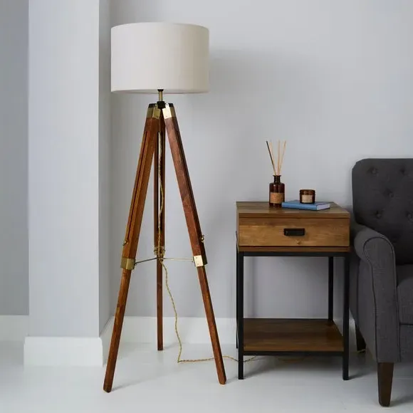 Tripod Floor Lamp with Linen Shade - Dark Wood