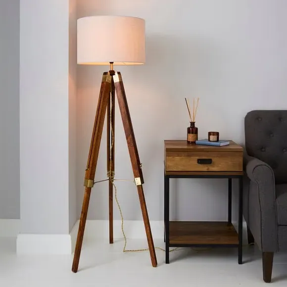 Tripod Floor Lamp with Linen Shade - Dark Wood image