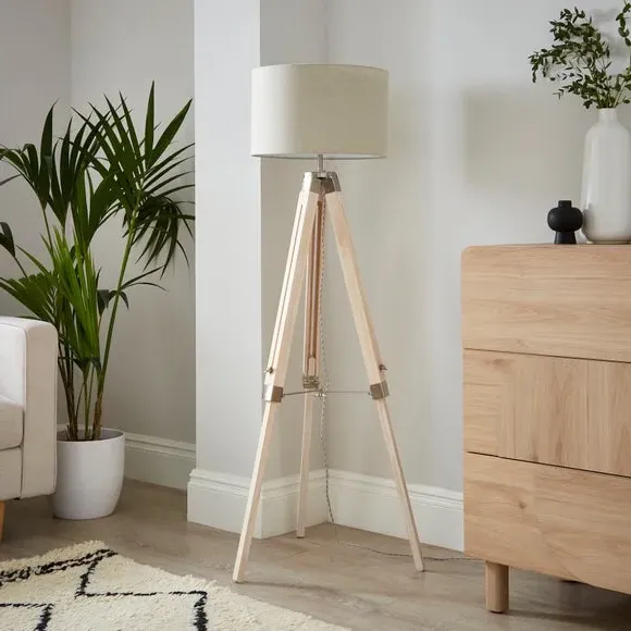 Tripod Floor Lamp with Linen Shade - Light Wood