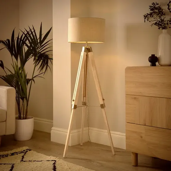 Tripod Floor Lamp with Linen Shade - Light Wood