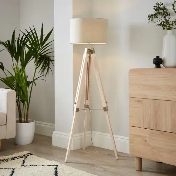 Tripod Floor Lamp with Linen Shade - Light Wood