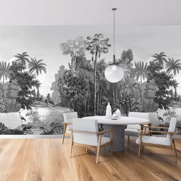 Tropical Wall Mural with Etched Effect - Black