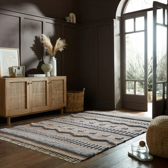 Tufted Area Rug with Tassels - Grey, Jute image