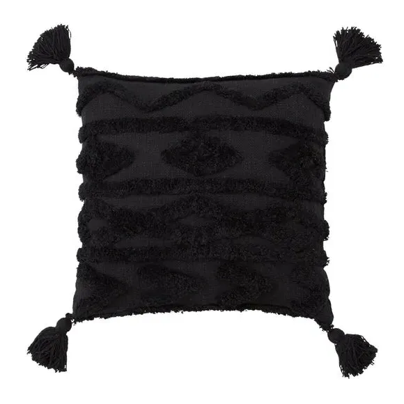 Tufted Cushion with Tassels - Black, Cotton image