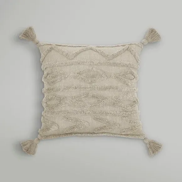 Tufted Cushion with Tassels - Natural, Cotton