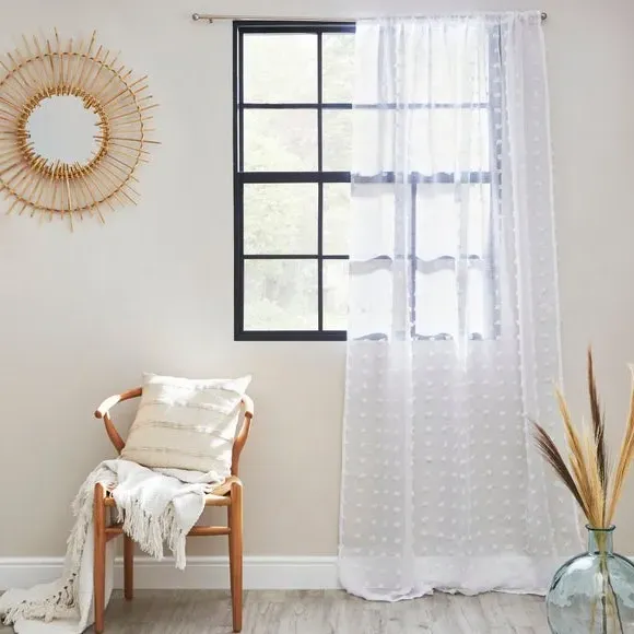 Tufted Slot Top Voile Panel - White, Polyester