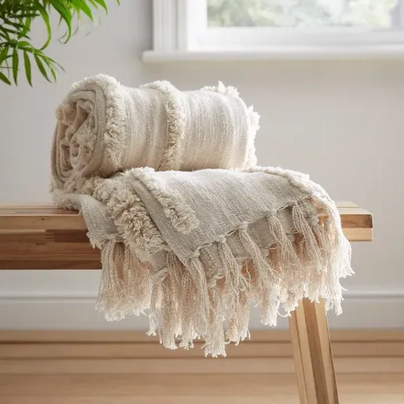 Tufted Throw Blanket with Tassels - Natural, Cotton image
