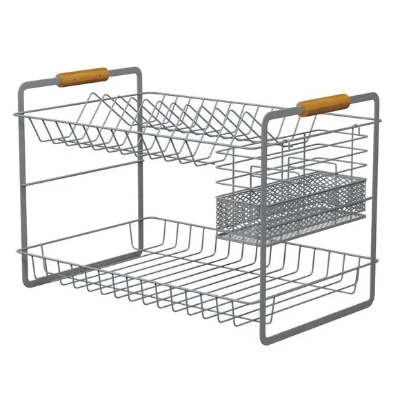 Two Tier Dish Drainer - Grey, Bamboo