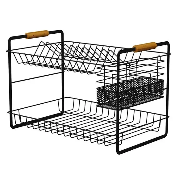 Two Tier Dish Drainer - Matt Black, Bamboo