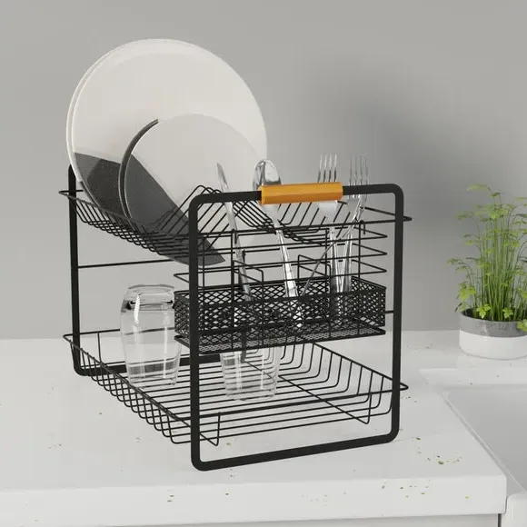 Two Tier Dish Drainer - Matt Black, Bamboo image