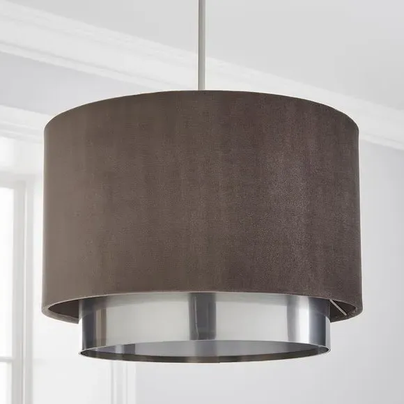 Two Tier Lamp Shade - Grey, Velvet