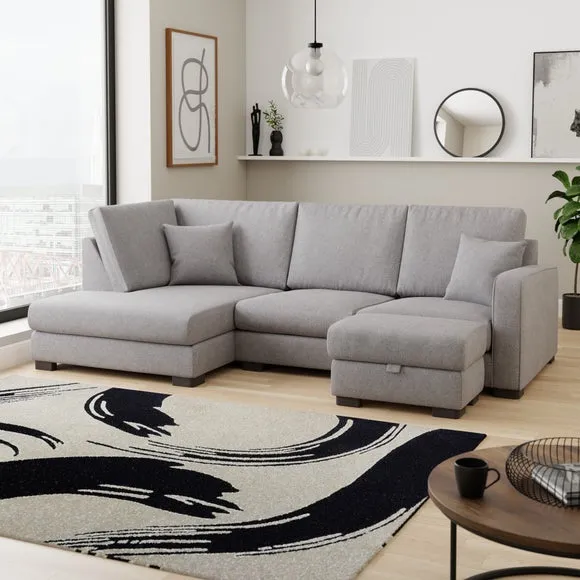 U-Shaped Sofa with Storage Footstool - Grey