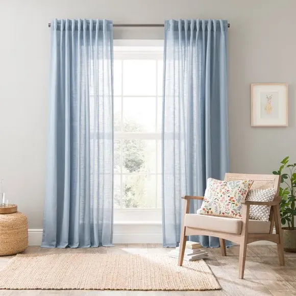 Unlined Tab Top Curtains - Blue, Linen Blend