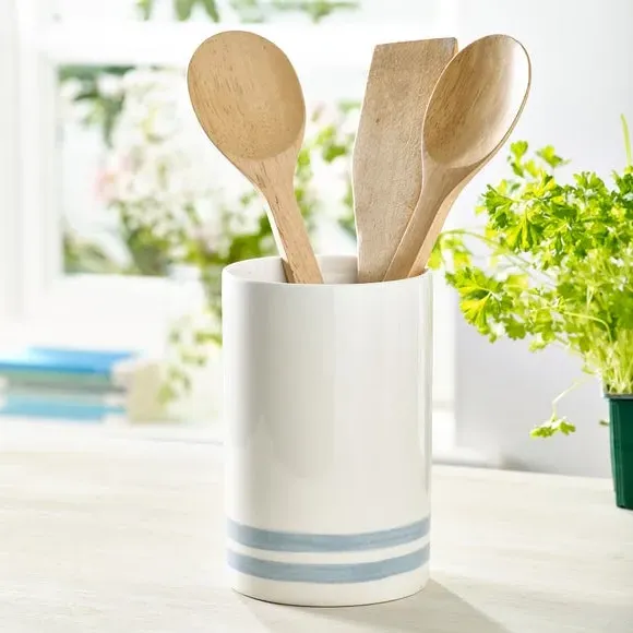 Utensil Pot with Stripe Design - Blue, Stoneware image