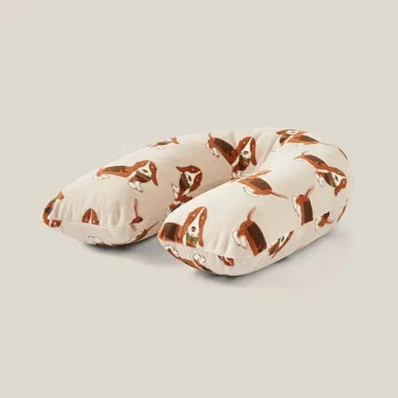 V-Shaped Pillow with Dog Print - Natural, Fleece