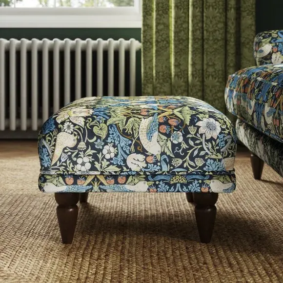 Velvet Footstool with Oak Legs - Midnight