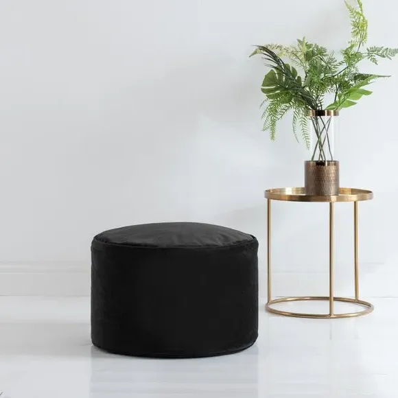 Velvet Pouffe with Piped Edges - Black, Velvet