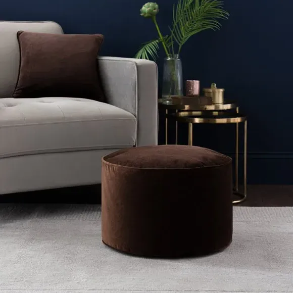 Velvet Pouffe with Piped Edges - Chocolate, Velvet